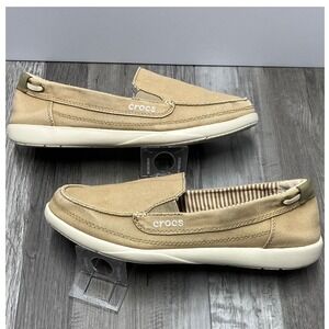 Crocs Walu Canvas Loafers Womens 8 Khaki Tan Slip On Shoes 14391